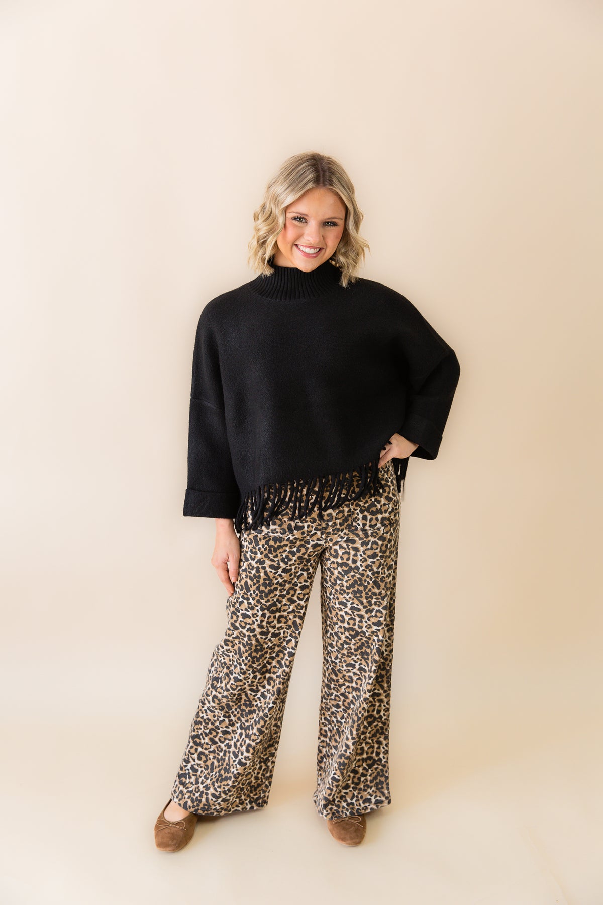 Stretch Twill Leopard Wide Leg Pants