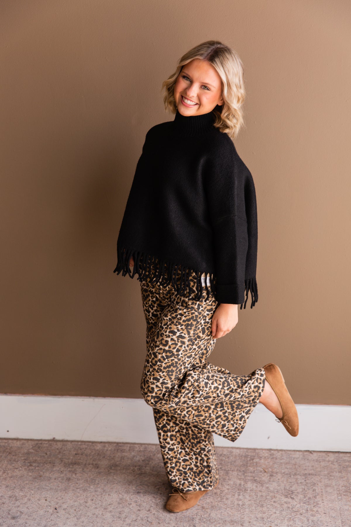 Stretch Twill Leopard Wide Leg Pants