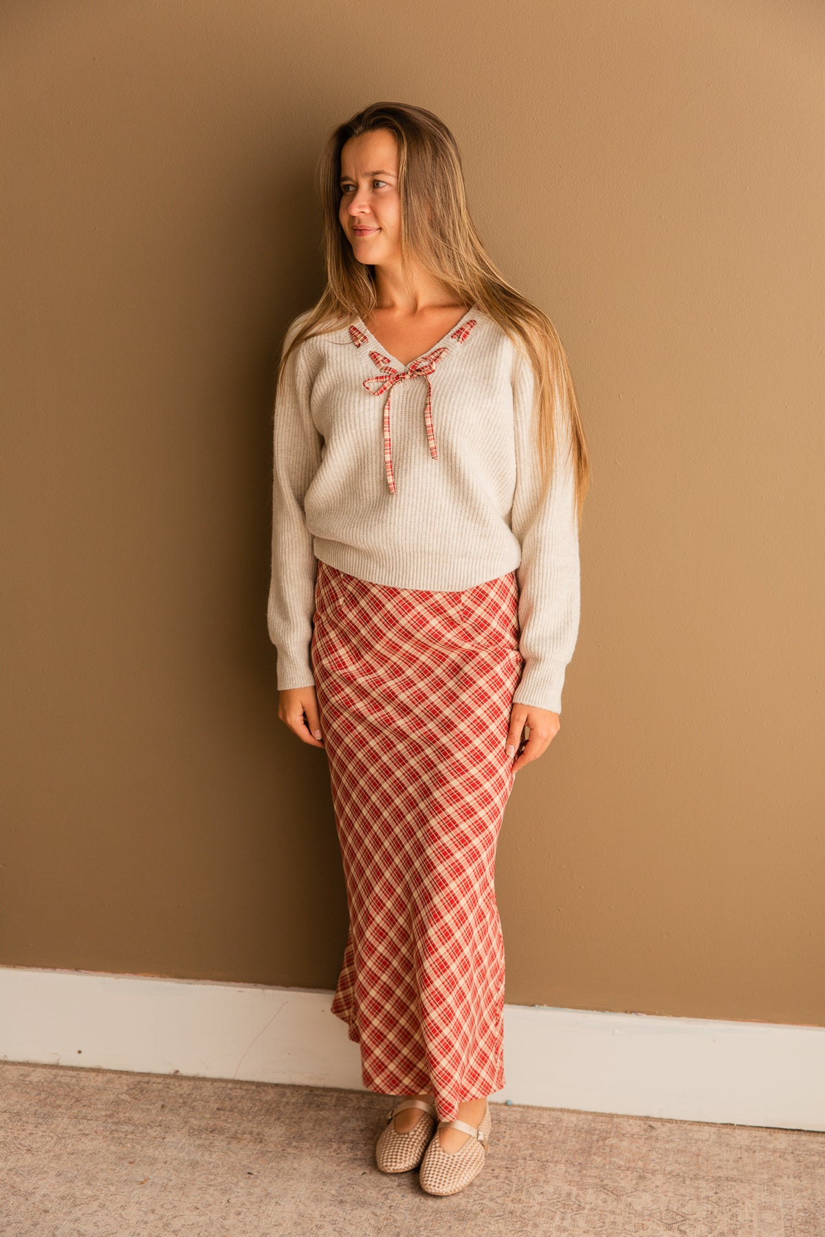 Hostess Plaid Lace Trim Sweater
