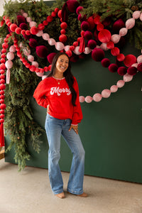 Red "Merry" Scallop Trim Relaxed Sweater