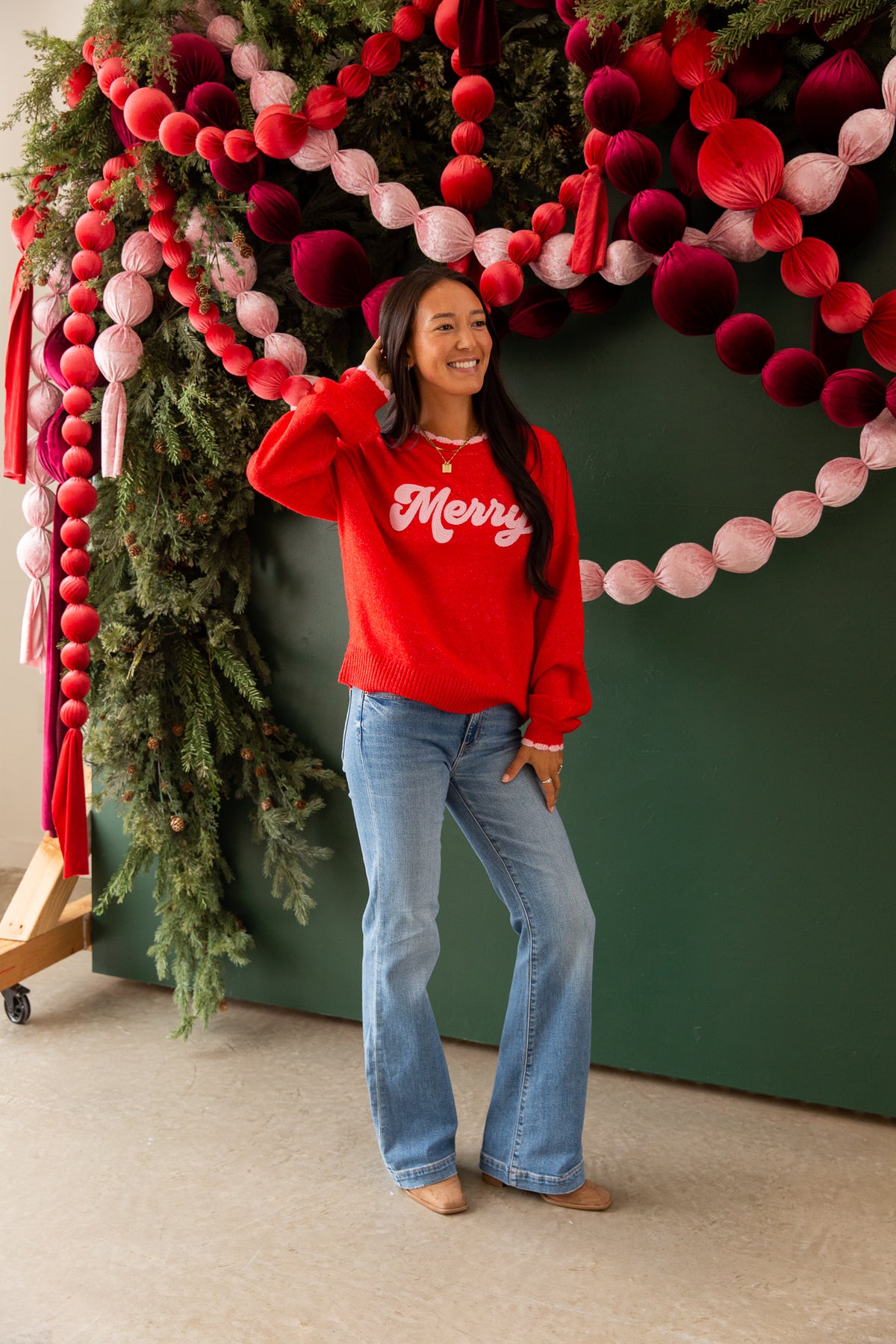 Red "Merry" Scallop Trim Relaxed Sweater