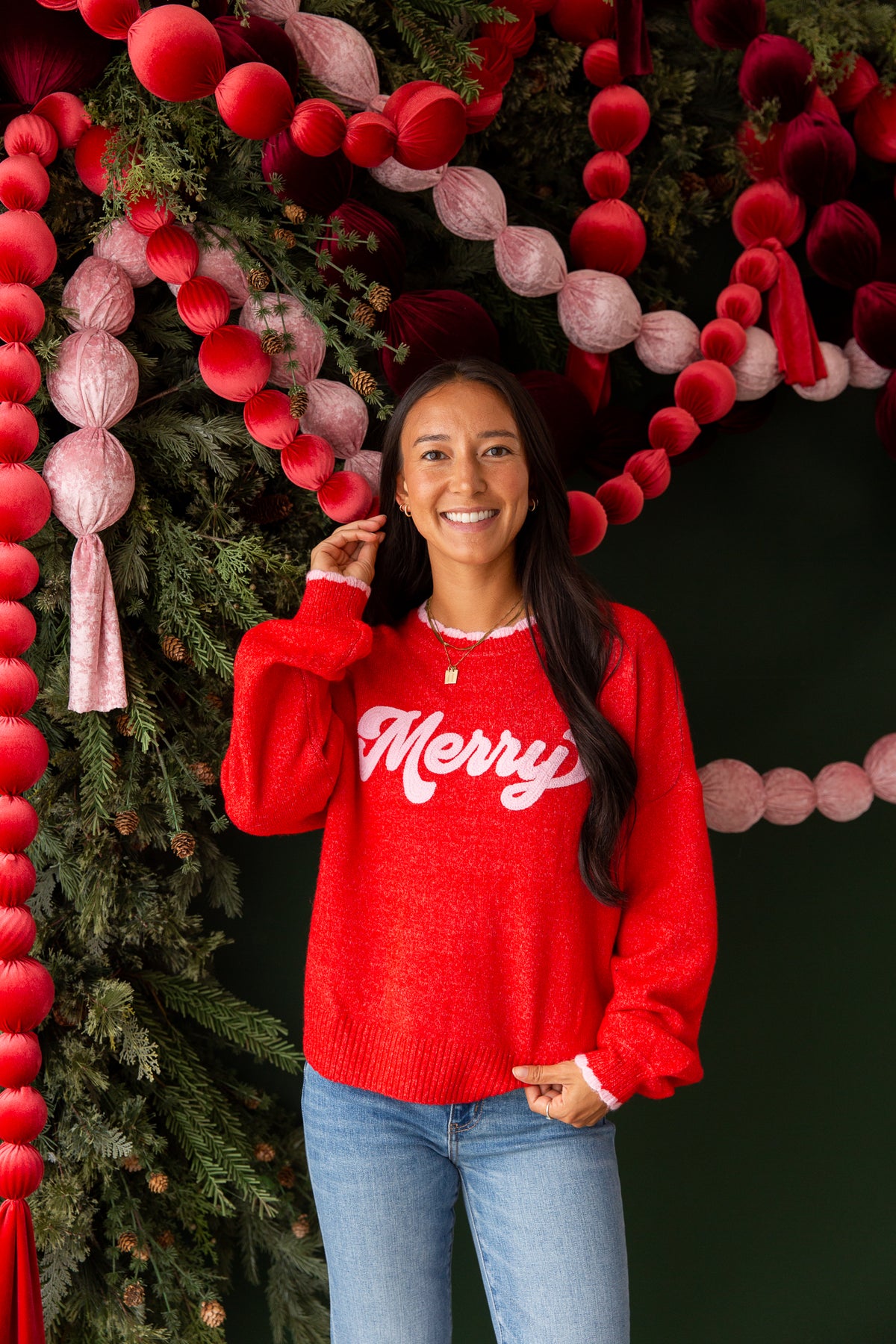 Red "Merry" Scallop Trim Relaxed Sweater