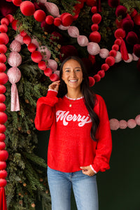 Red "Merry" Scallop Trim Relaxed Sweater
