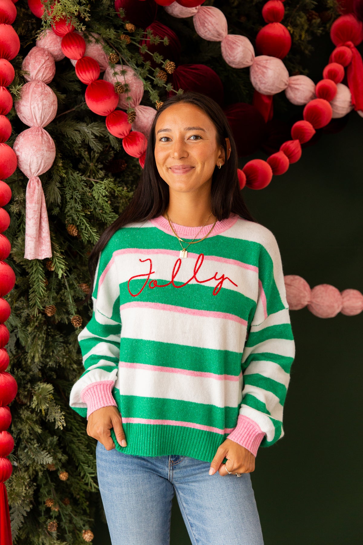 Green "Jolly" Stripe Relaxed Sweater