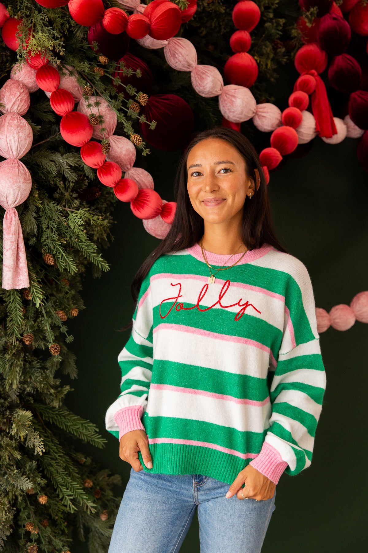 Green "Jolly" Stripe Relaxed Sweater