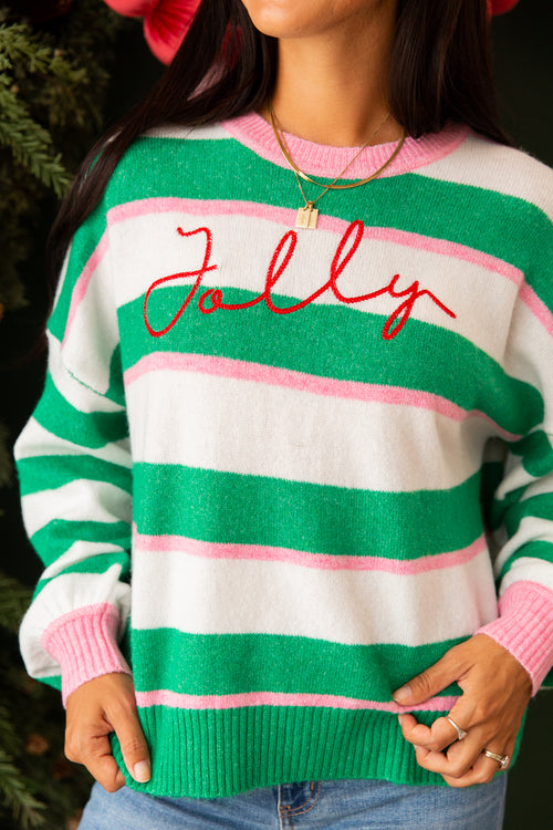 Green "Jolly" Stripe Relaxed Sweater