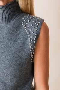 Crystal Embellished Sleeveless Mock Neck Knit Top