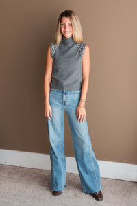 Crystal Embellished Sleeveless Mock Neck Knit Top