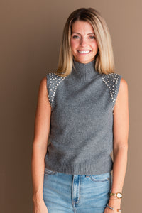Crystal Embellished Sleeveless Mock Neck Knit Top