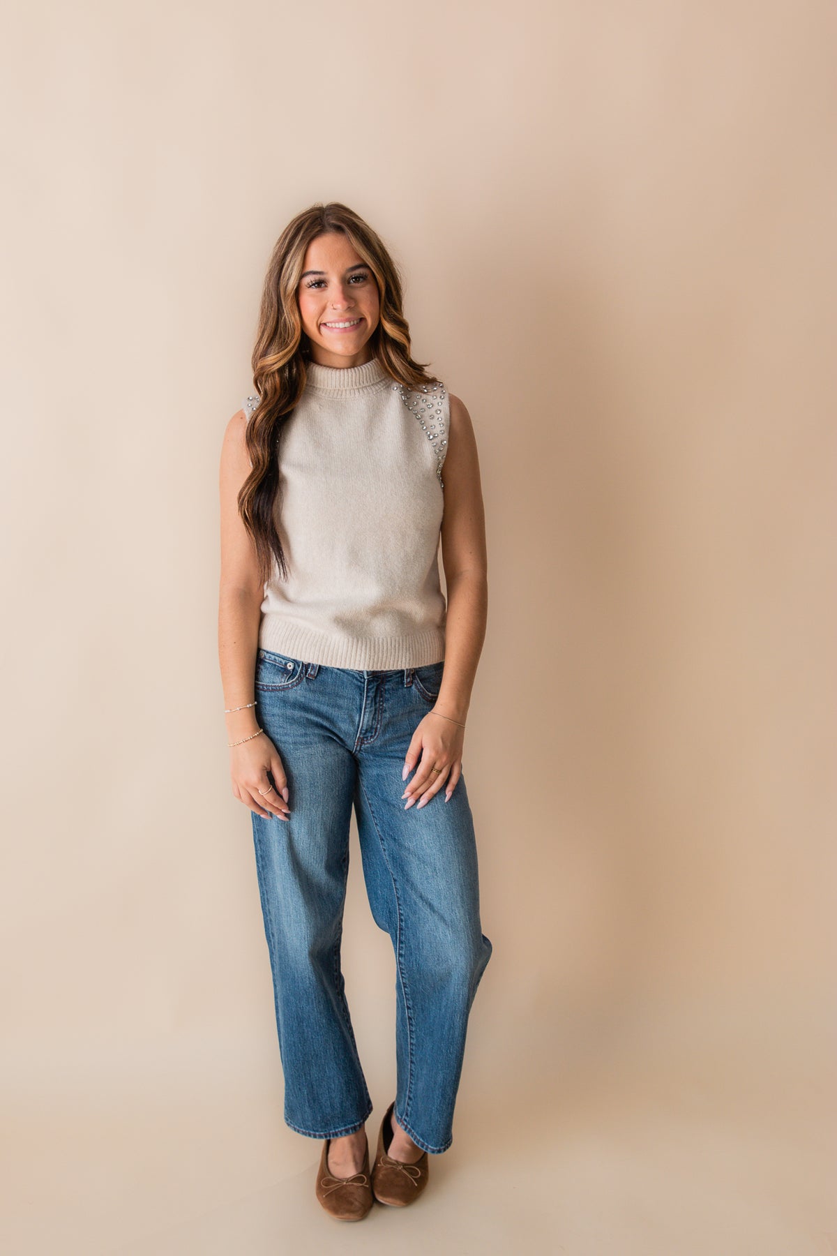 Crystal Embellished Sleeveless Mock Neck Knit Top