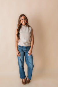 Crystal Embellished Sleeveless Mock Neck Knit Top