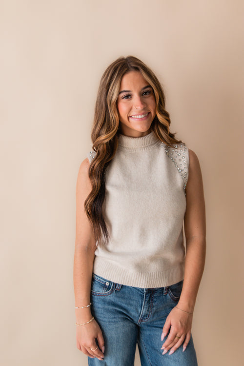 Crystal Embellished Sleeveless Mock Neck Knit Top