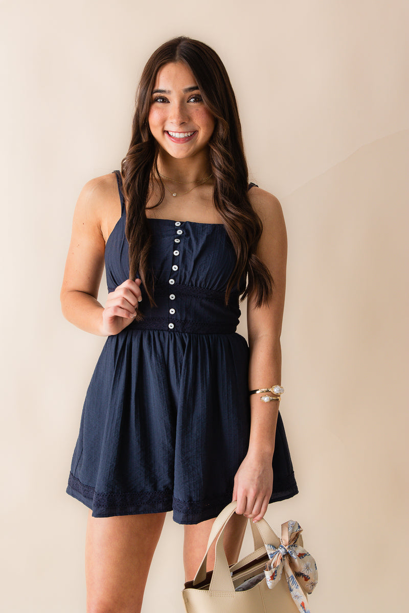 navy blue romper dress Hot Tropic Romper Dress - Navy and White