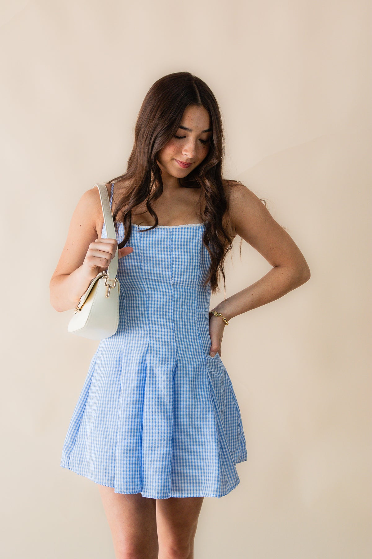 lucinda mini dress Loopi Lucinda Mini Dress in Brown/Baby Blue Dot in Brown/Baby Blue Dot