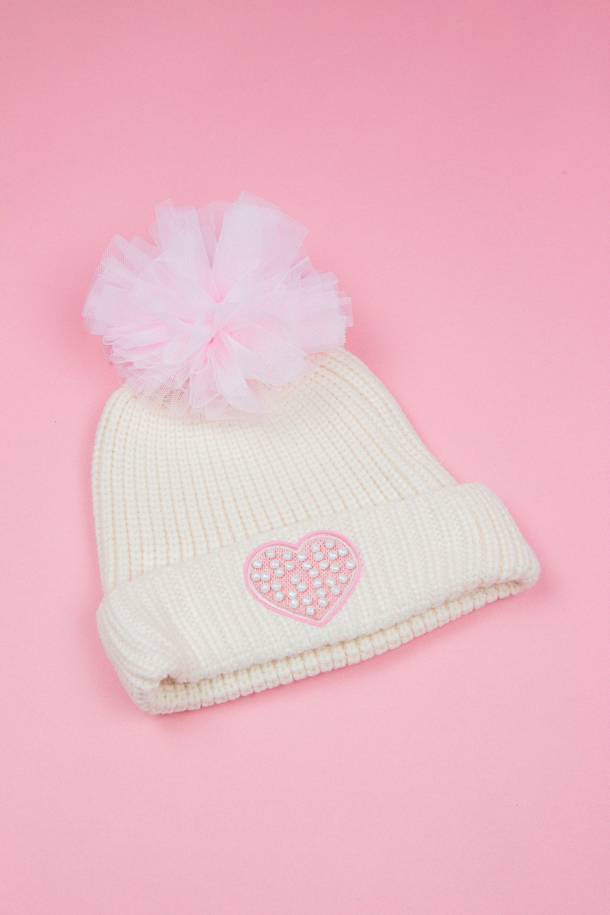 Pearl Heart Patch Pom Pom Beanie