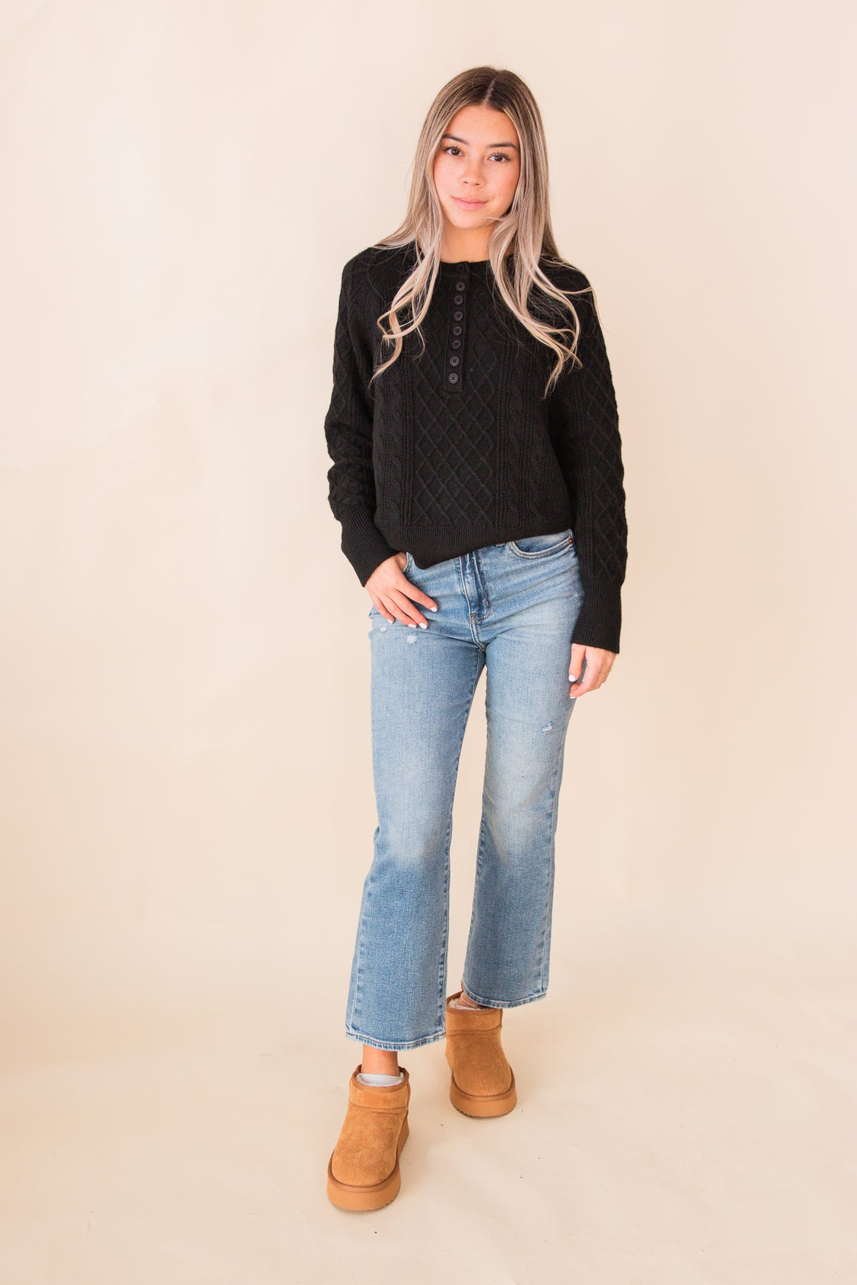 Lacey Button Front Henley Sweater