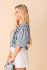 S/S Split V Neck Denim Blouse