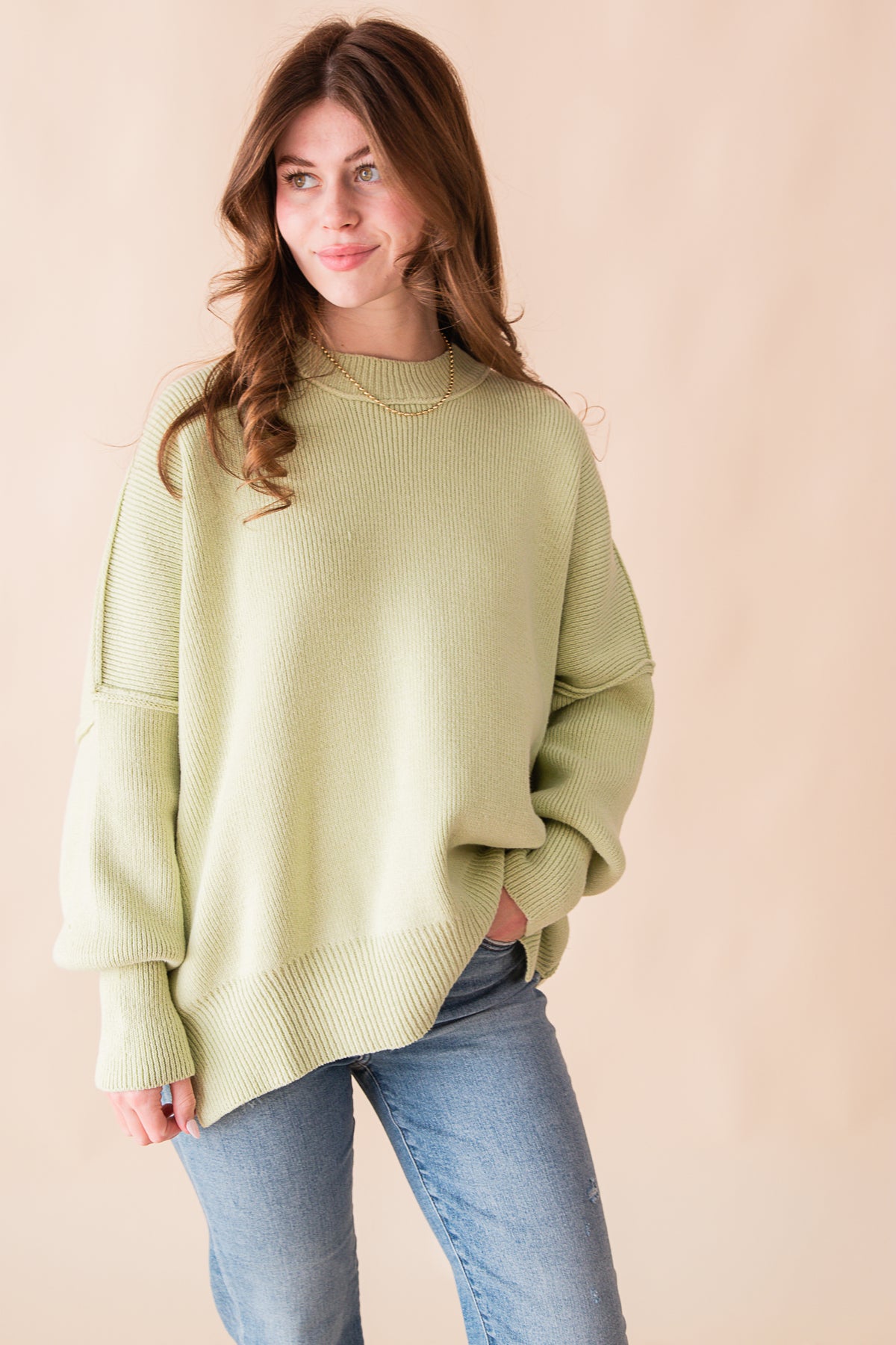 Oversized Side Slit Crew Neck Cozy Sweater