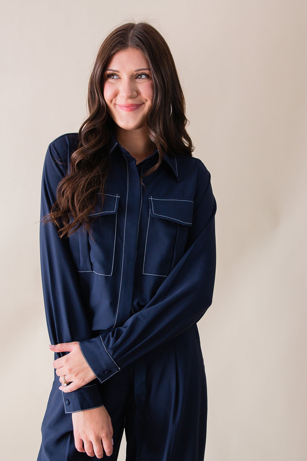 Kaia Contrast Stitch Button Down Shirt