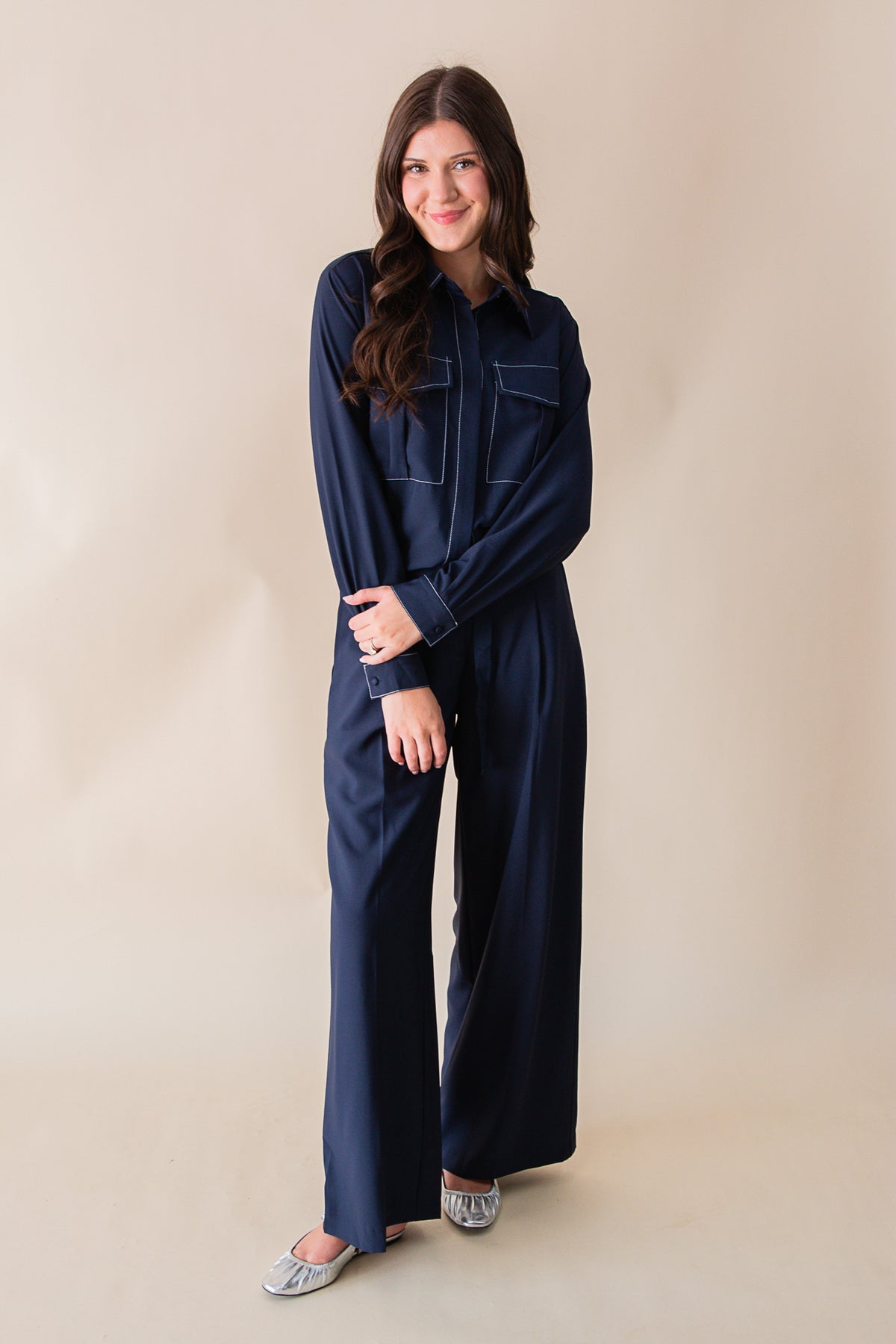 Kaia Contrast Stitch Belted Trousers