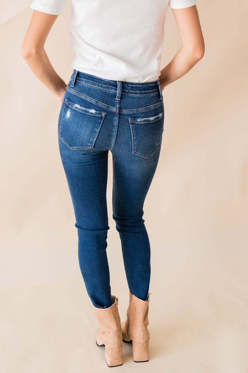 Mid Rise Raw w Distressed Hem Crop Skinny