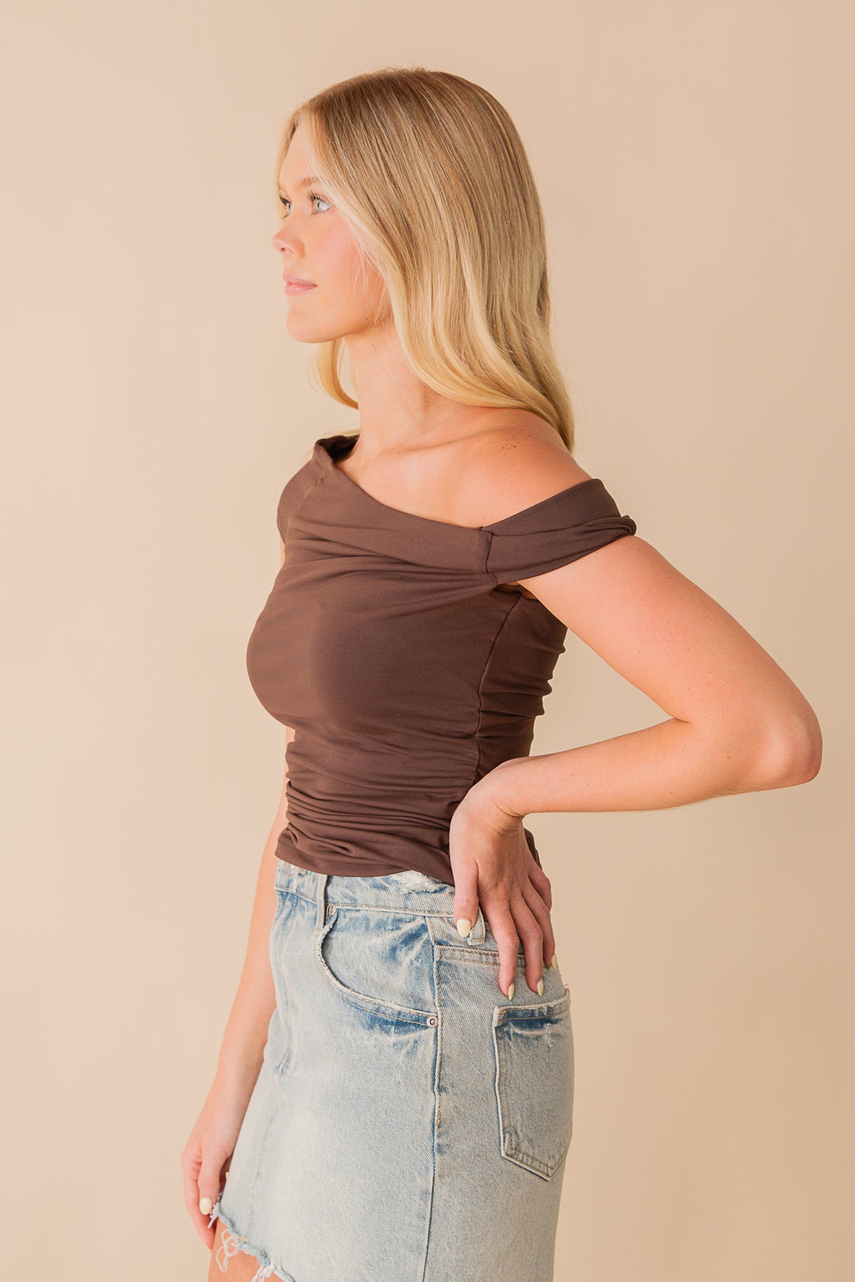 Nora Ruched Off Shoulder Knit Top