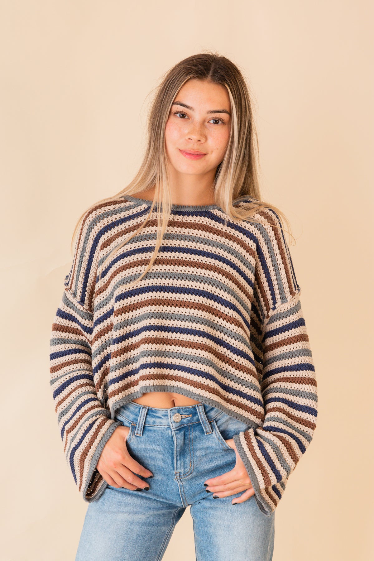 Arely Striped Crochet Knit Sweater