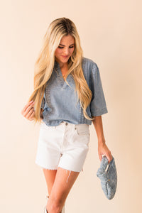 S/S Split V Neck Denim Blouse
