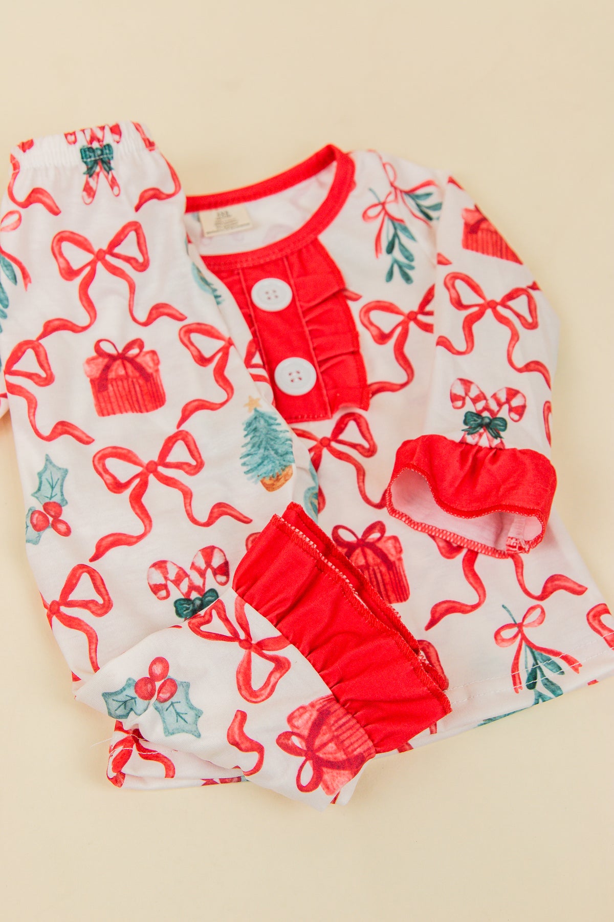 Bow Gift Candy Cane Girls Christmas Pajamas