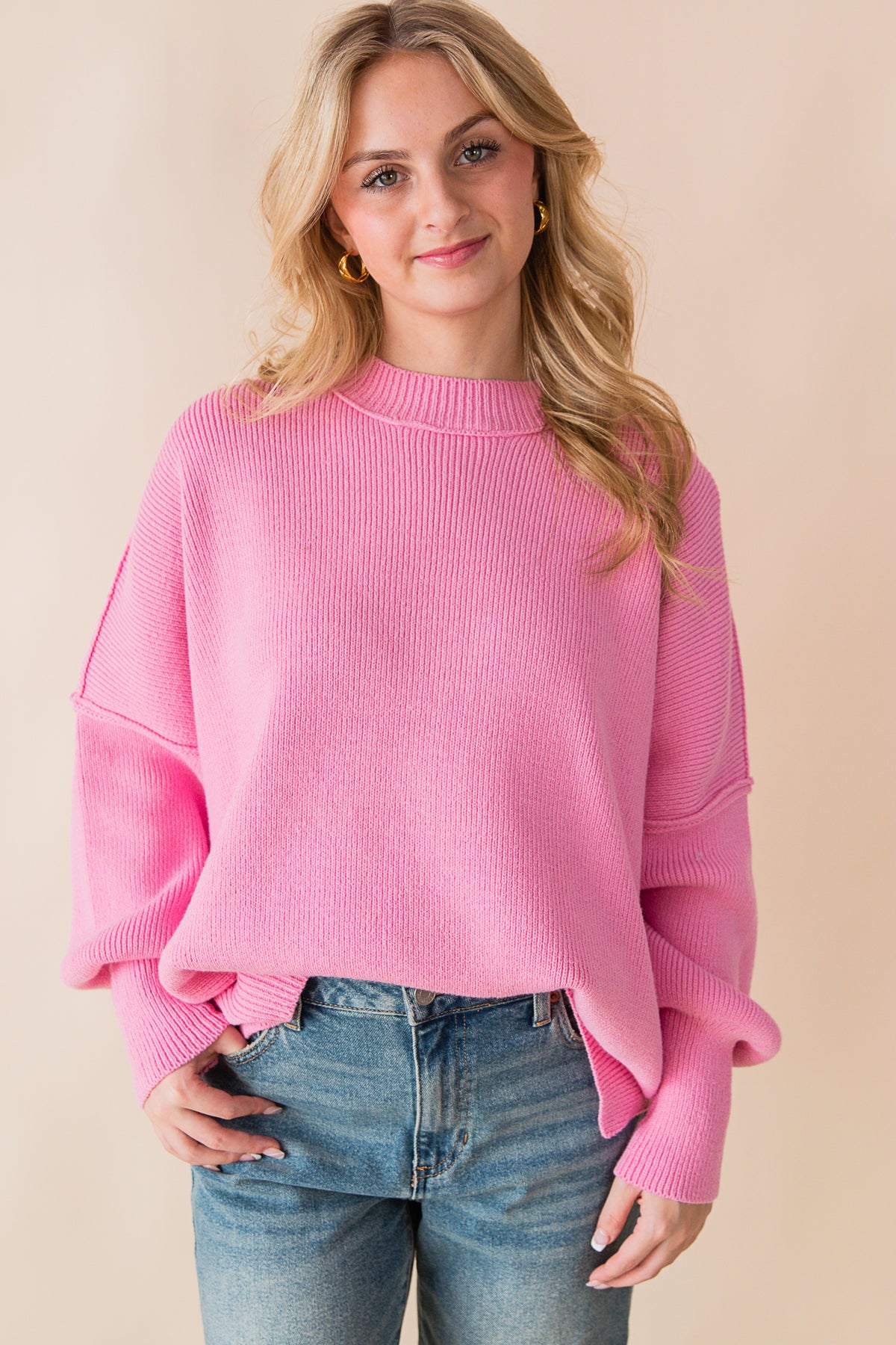 Oversized Side Slit Crew Neck Cozy Sweater