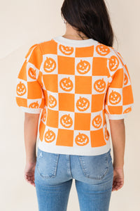 Hey There Pumpkin Checkered SS Sweater Top