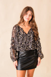 Woven Floral Print Balloon Sleeve Top