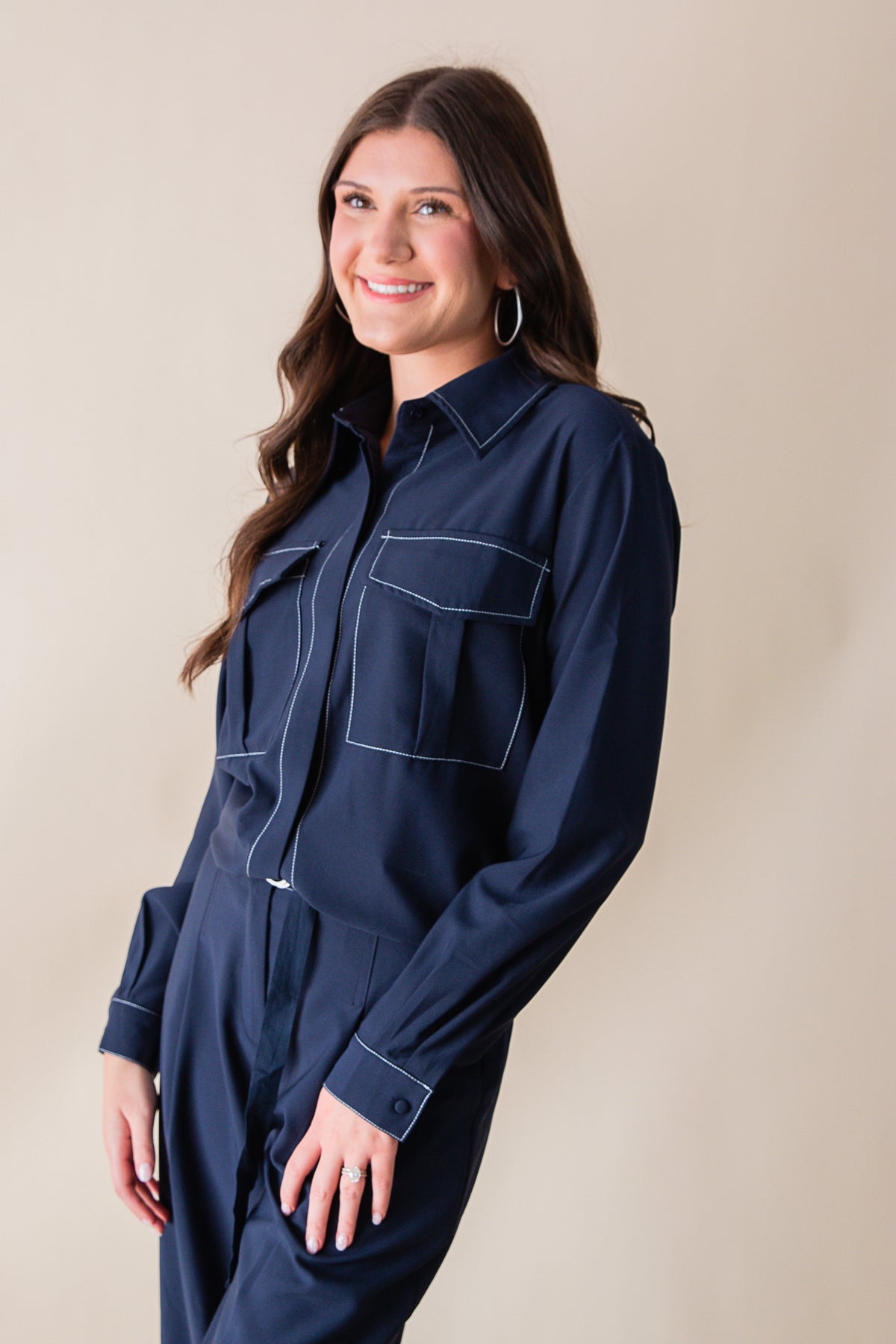 Kaia Contrast Stitch Button Down Shirt