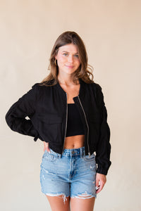 Ramona Linen Blend Cropped Bomber Jacket