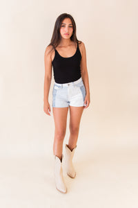 Elsa Mid Rise Patchwork Denim Shorts