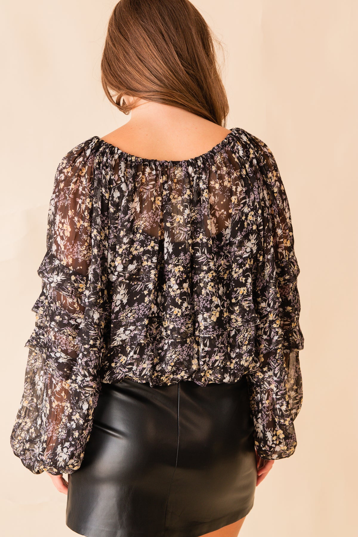 Woven Floral Print Balloon Sleeve Top