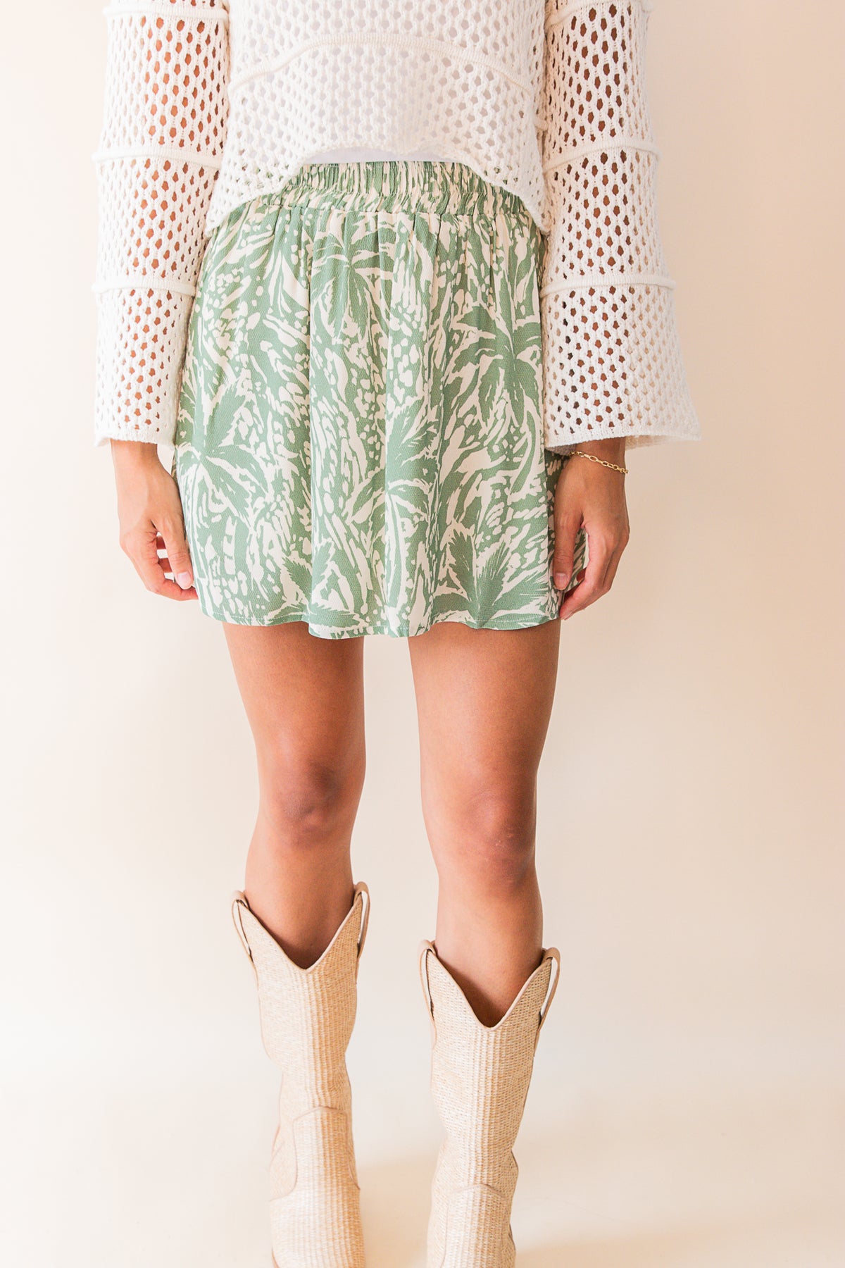 Palm Whispers Elastic Waist Mini Skirt