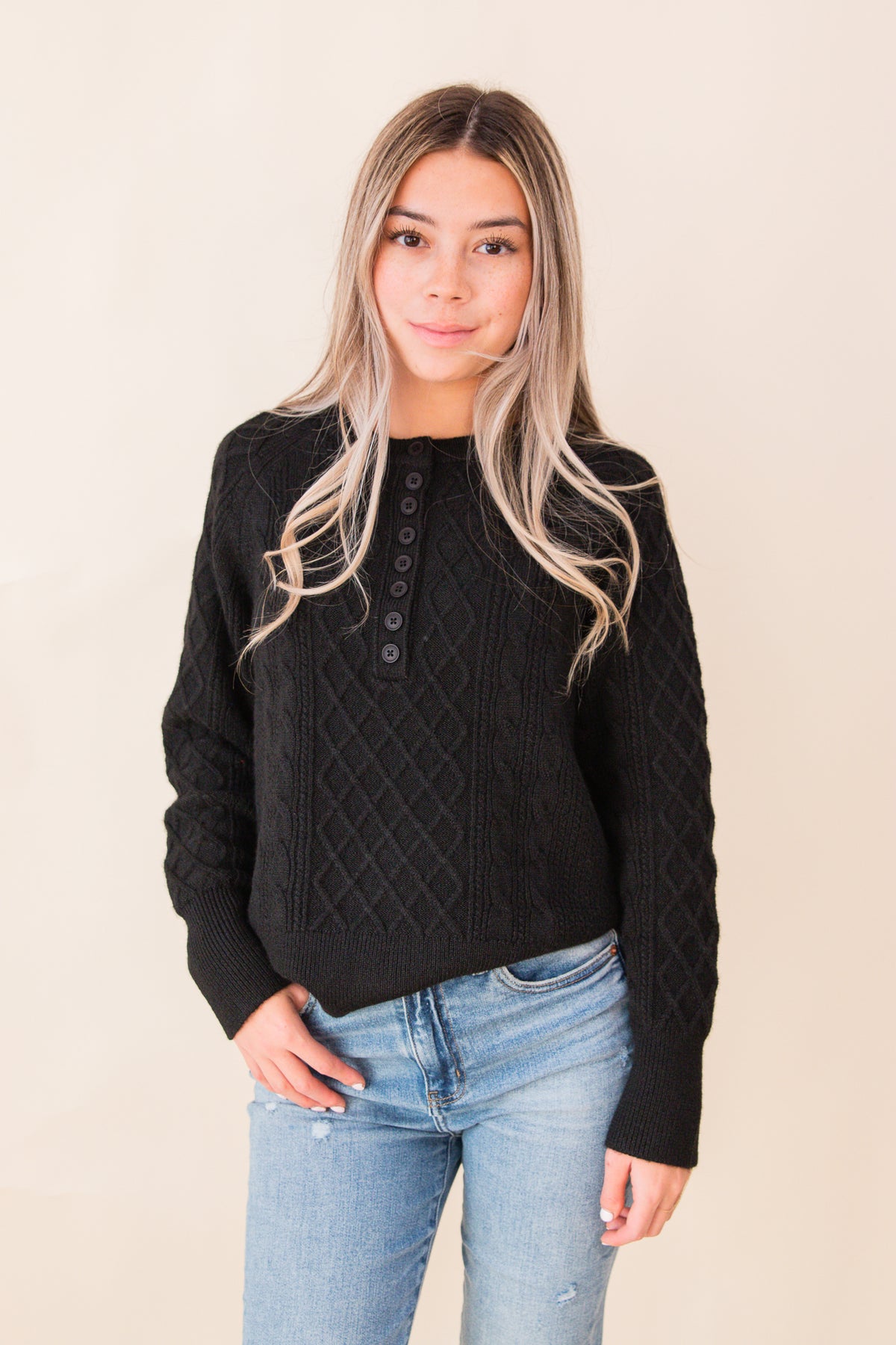 Lacey Button Front Henley Sweater