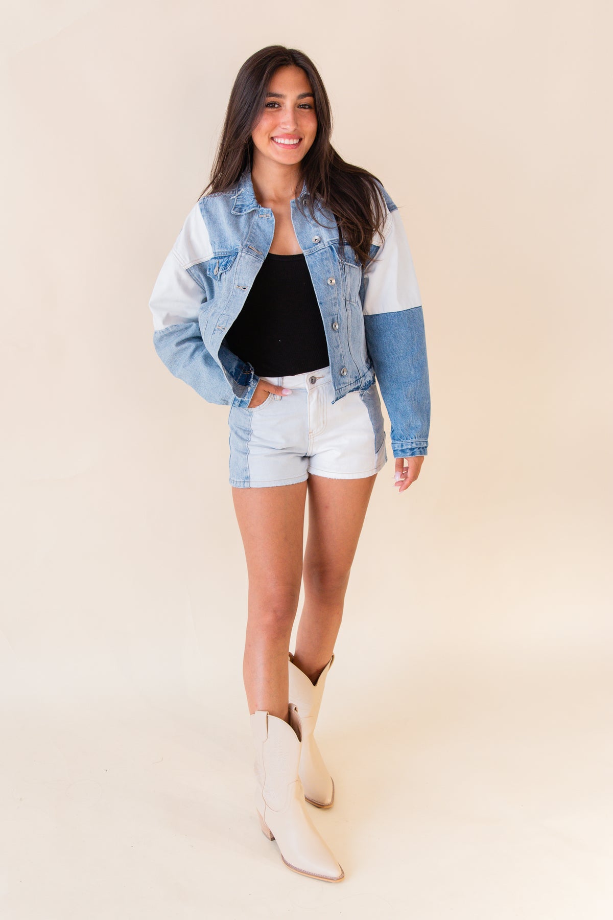 Elsa Mid Rise Patchwork Denim Shorts