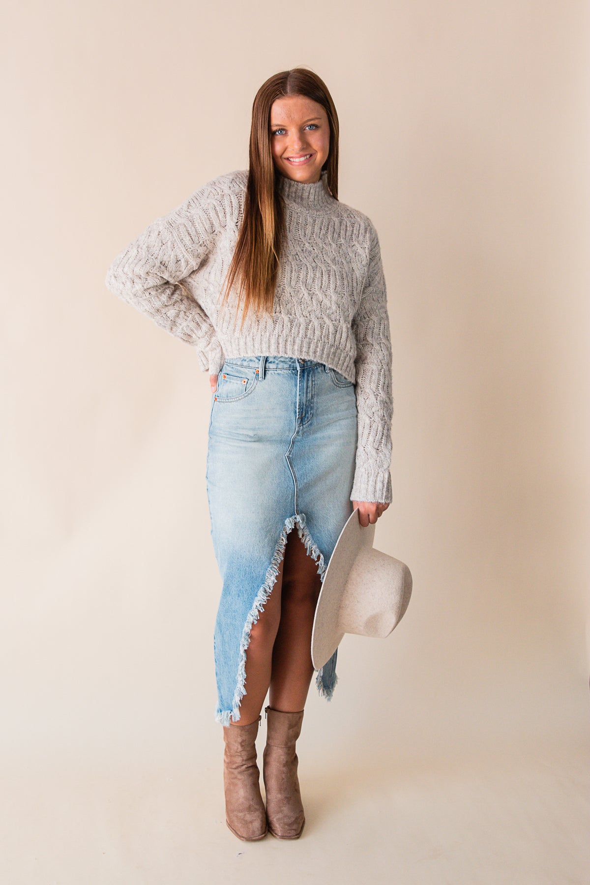 The Range Distressed Slit Denim Midi Skirt