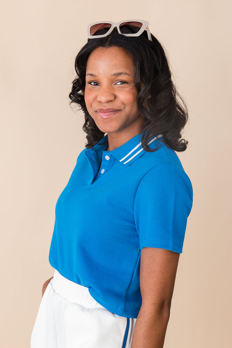 Courtside Striped Collar Polo S/SLV Top