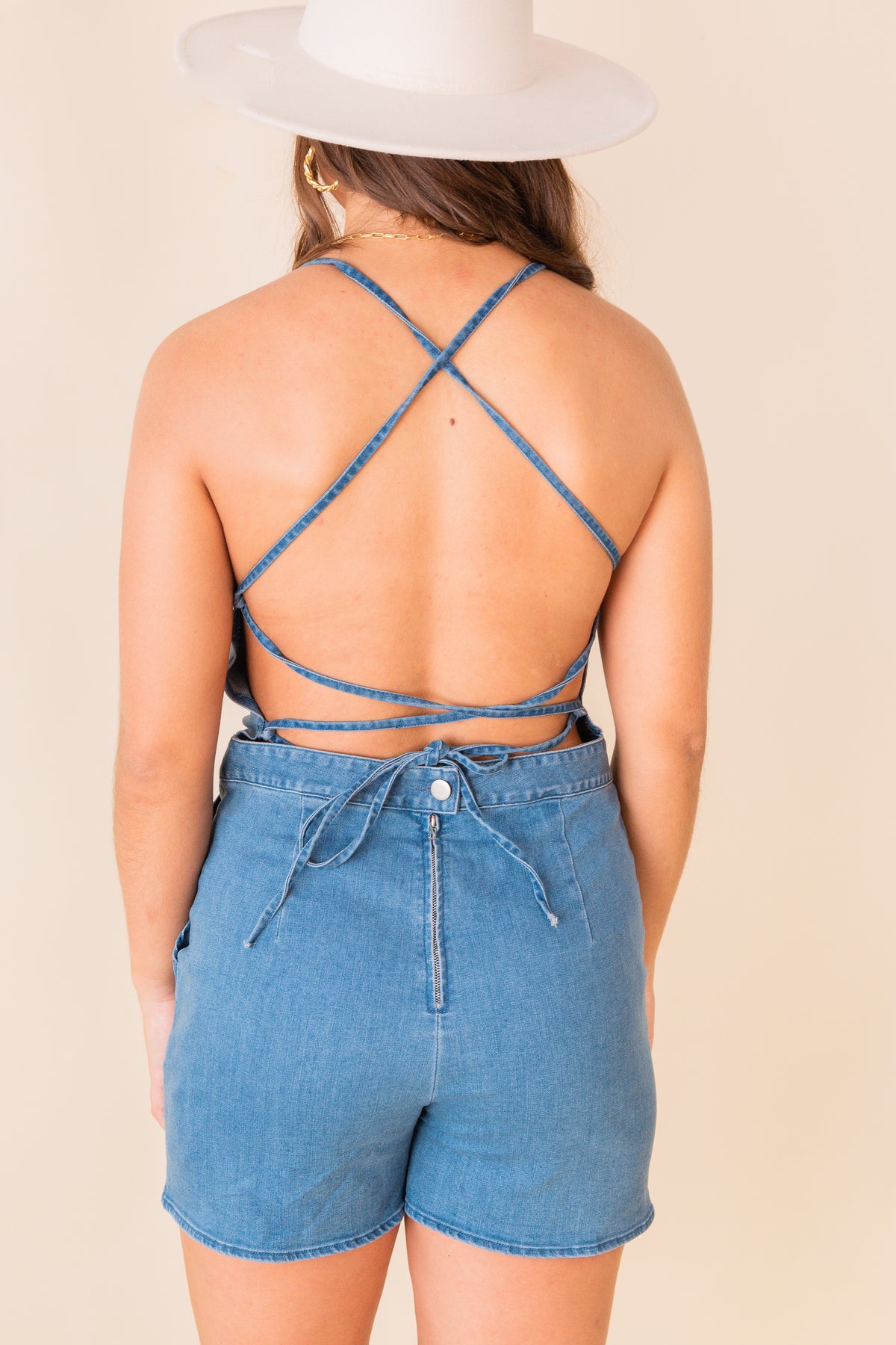 Makayla Denim Lace Up Back Romper