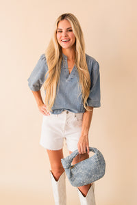 S/S Split V Neck Denim Blouse