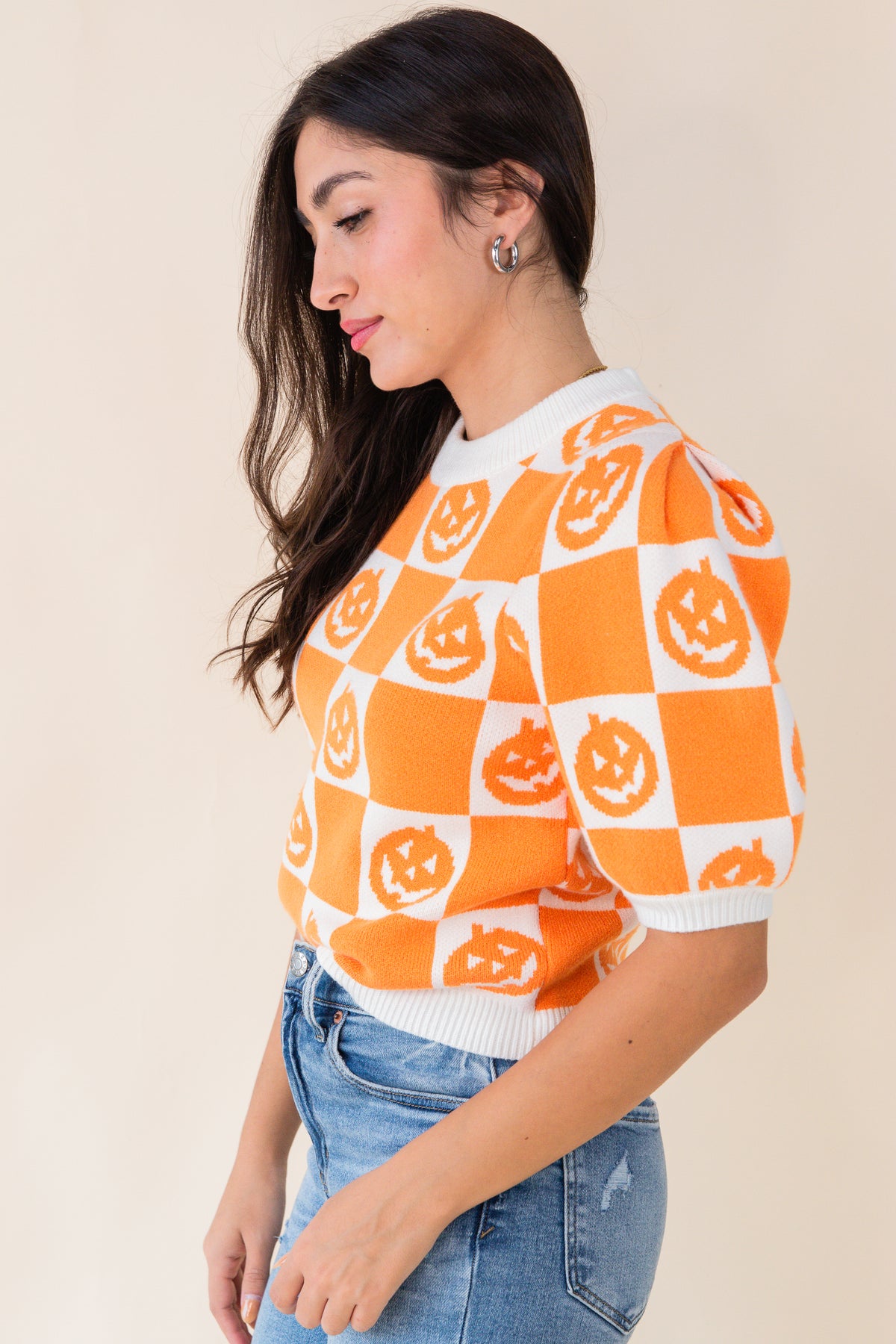 Hey There Pumpkin Checkered SS Sweater Top