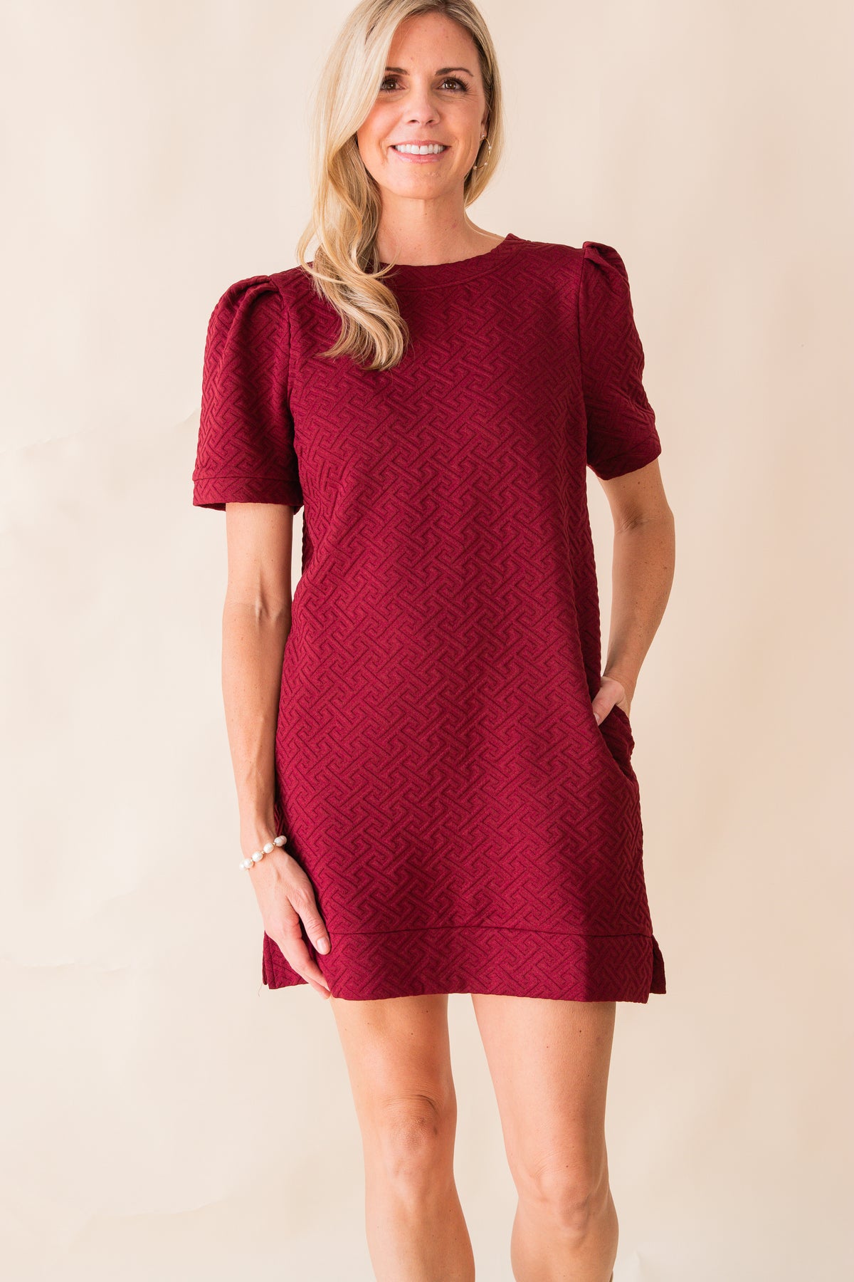 Textured Puff Sleeve Pocket Dress