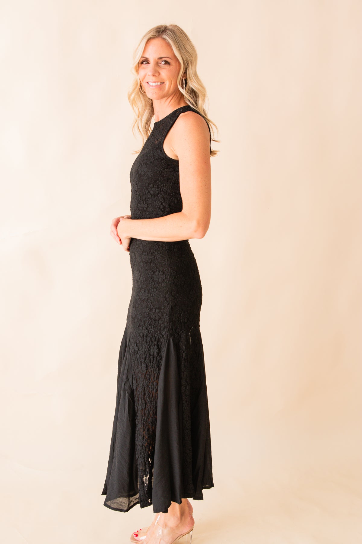 Journey Contrast Godet Lace Maxi Dress