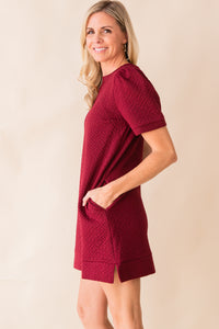 Textured Puff Sleeve Pocket Dress