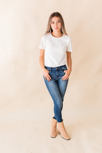 Mid Rise Raw w Distressed Hem Crop Skinny