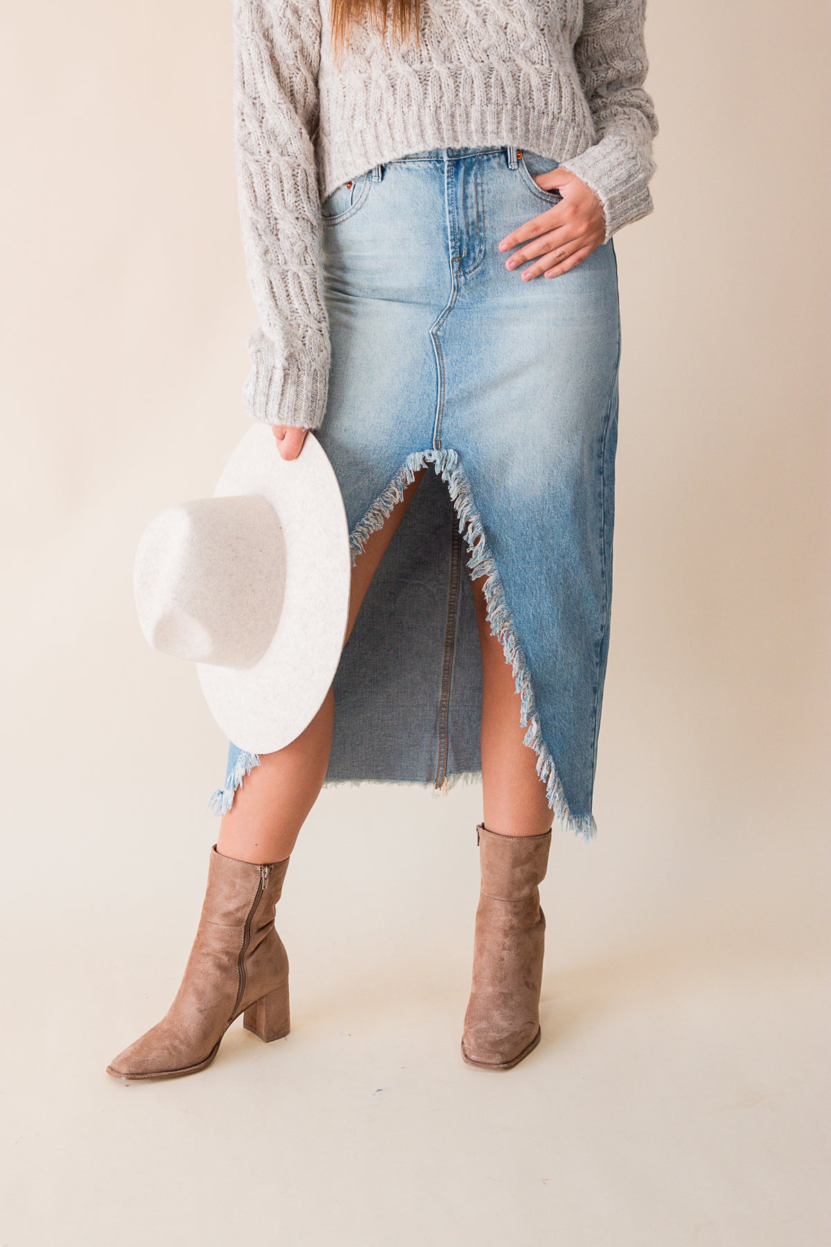 The Range Distressed Slit Denim Midi Skirt