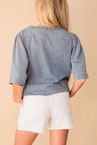S/S Split V Neck Denim Blouse